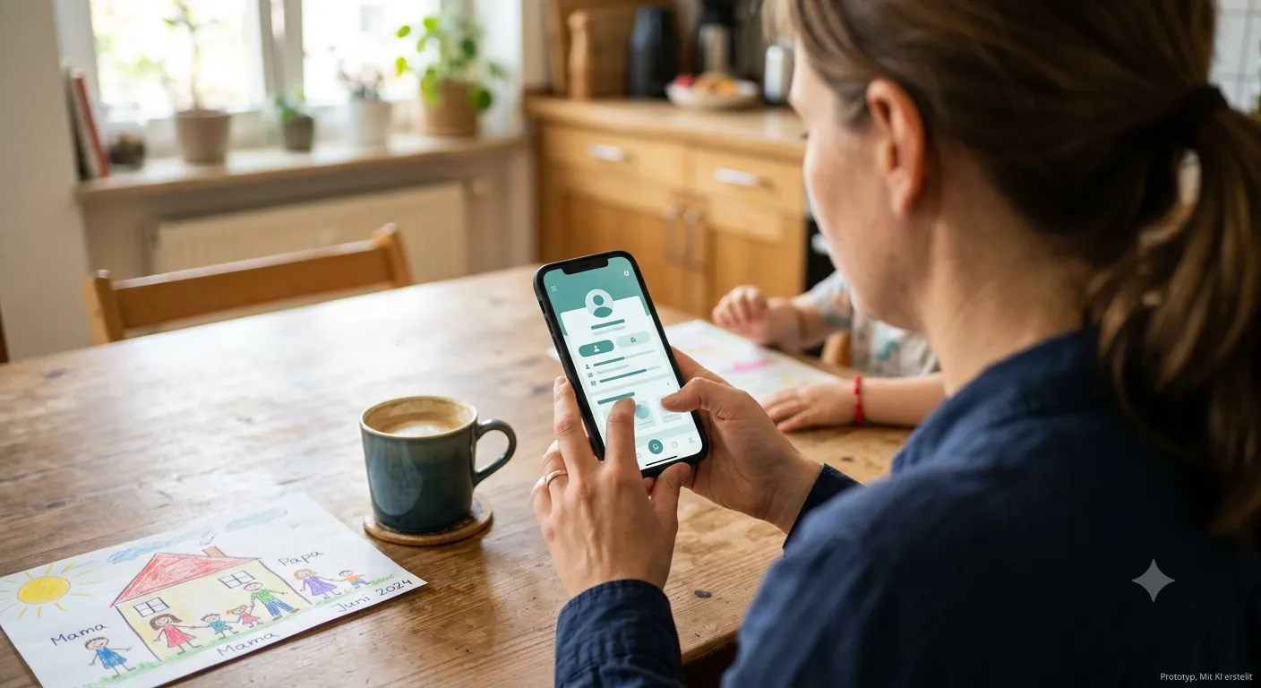 Hände halten ein Smartphone mit der InkluCard-App am Küchentisch, auf dem Bildschirm die Freigabe-Anfrage einer Kita, daneben eine Kindertasse und eine Kinderzeichnung