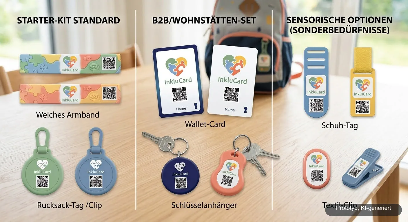 Produktübersicht der InkluCard-Prototypen: weiches Armband, Wallet-Card, Rucksack-Tag, Schlüsselanhänger, Schuh-Tag und Textil-Clip, jeweils mit QR-Code